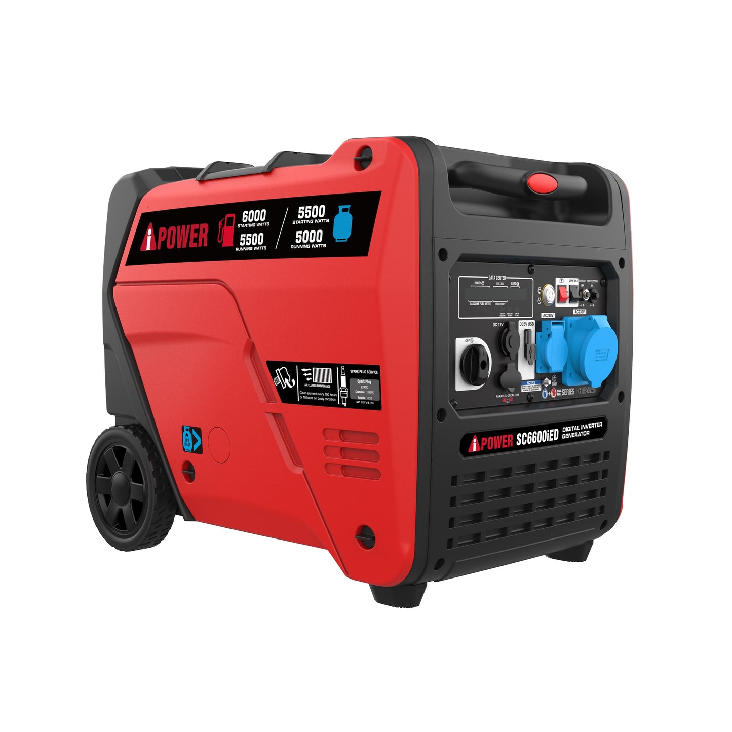5.5кВт інверторний газ/бензин генератор з електричним стартом A-iPower SC6600i на колесах з ручкою для перевозки